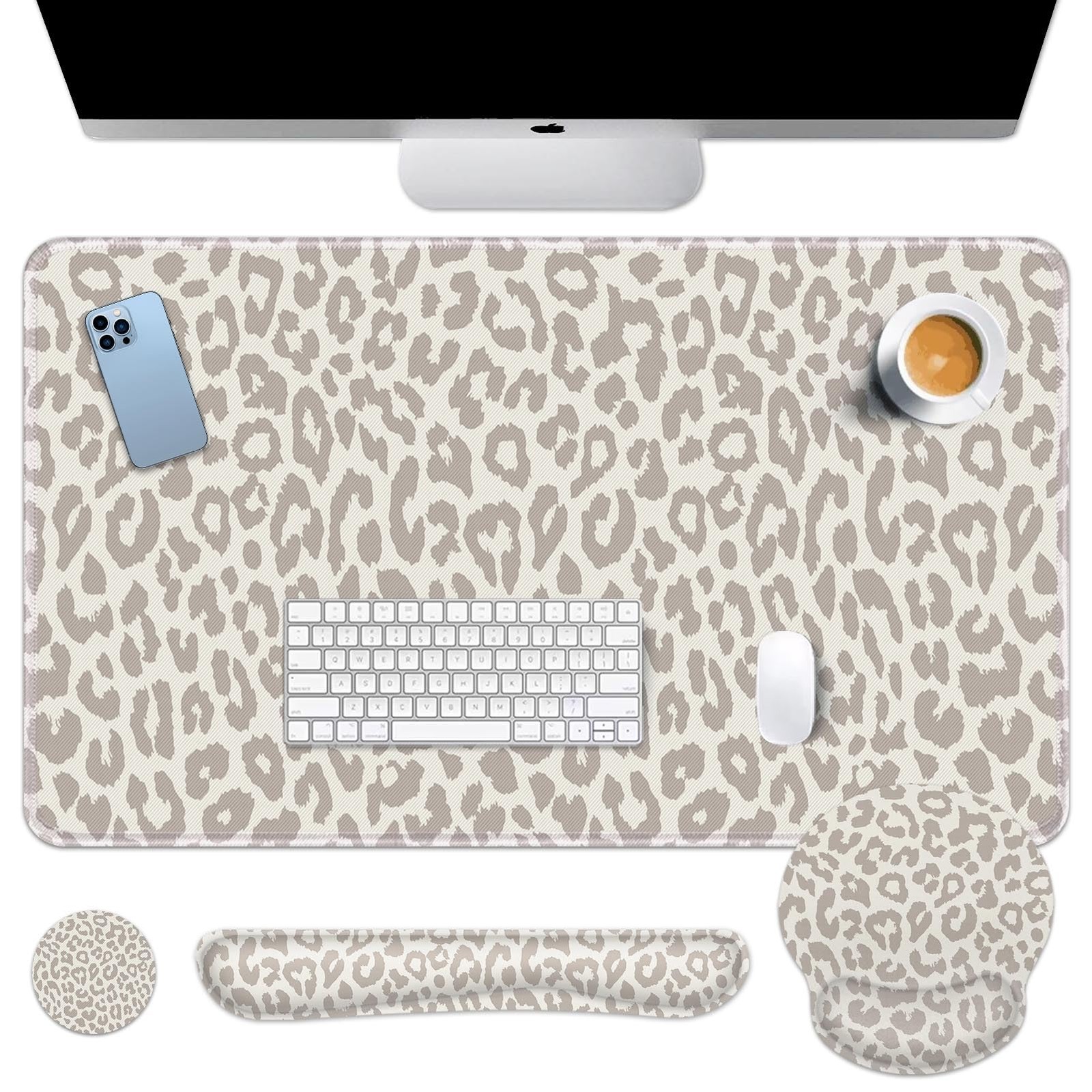 Arttown Leopard Light Khaki Desk Mat Animal Skin Mouse Pad Set 4 in 1 Ergonomic