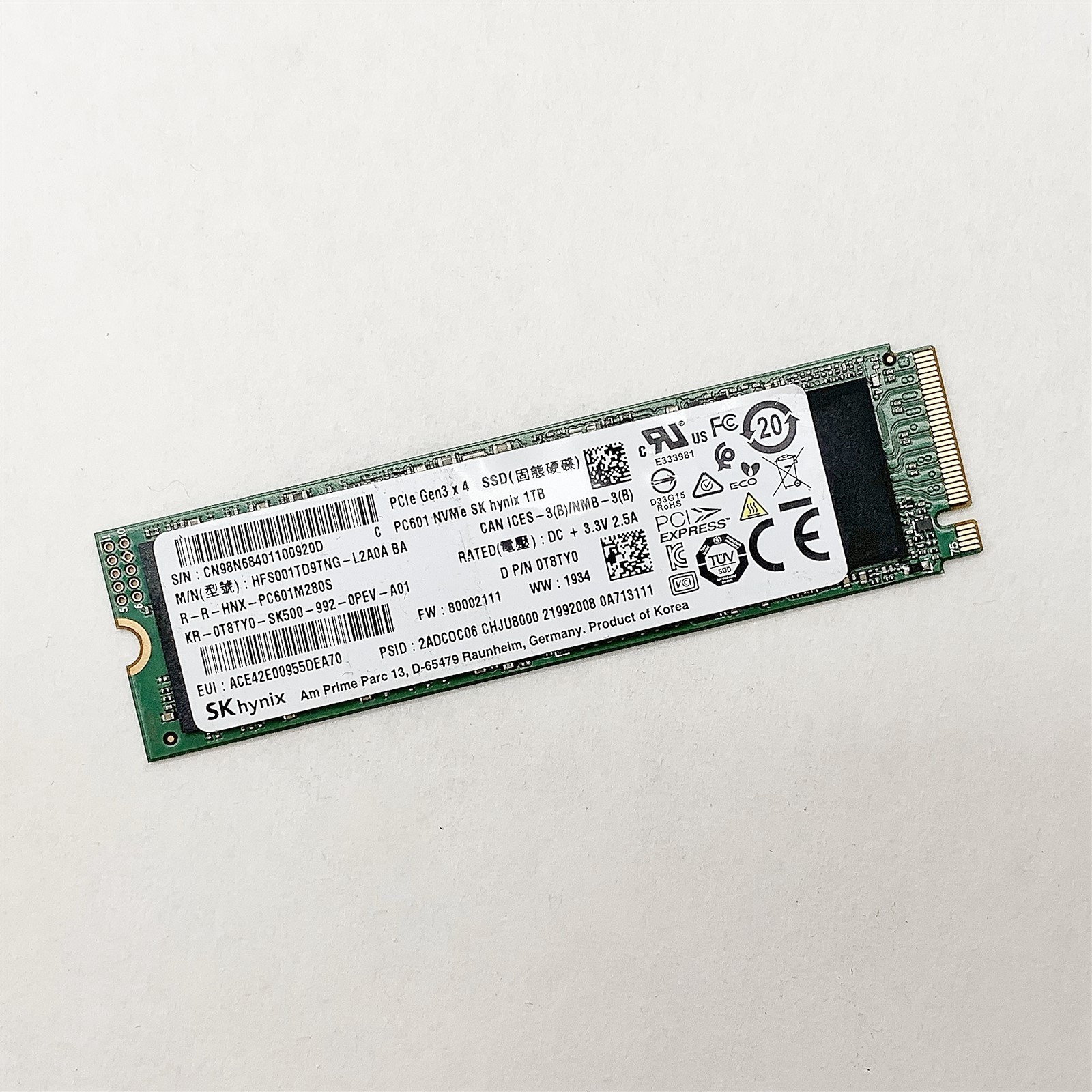 SK Hynix PC601 1TB NVMe M.2 PCIe Gen 3 x4 2280 Solid State Drive 98% Health