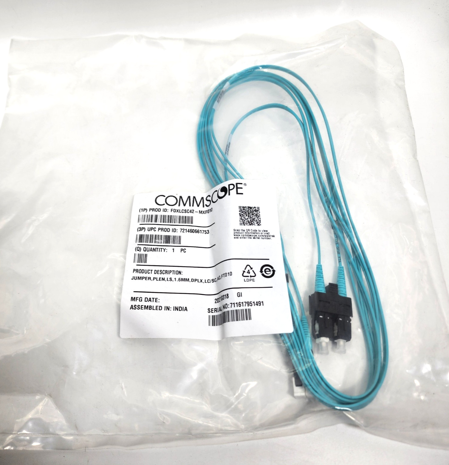 CommScope FDXLCSC42-MXF010 1.6mm OM4 LC/UPC to SC/UPC 10-foot Fiber Patch