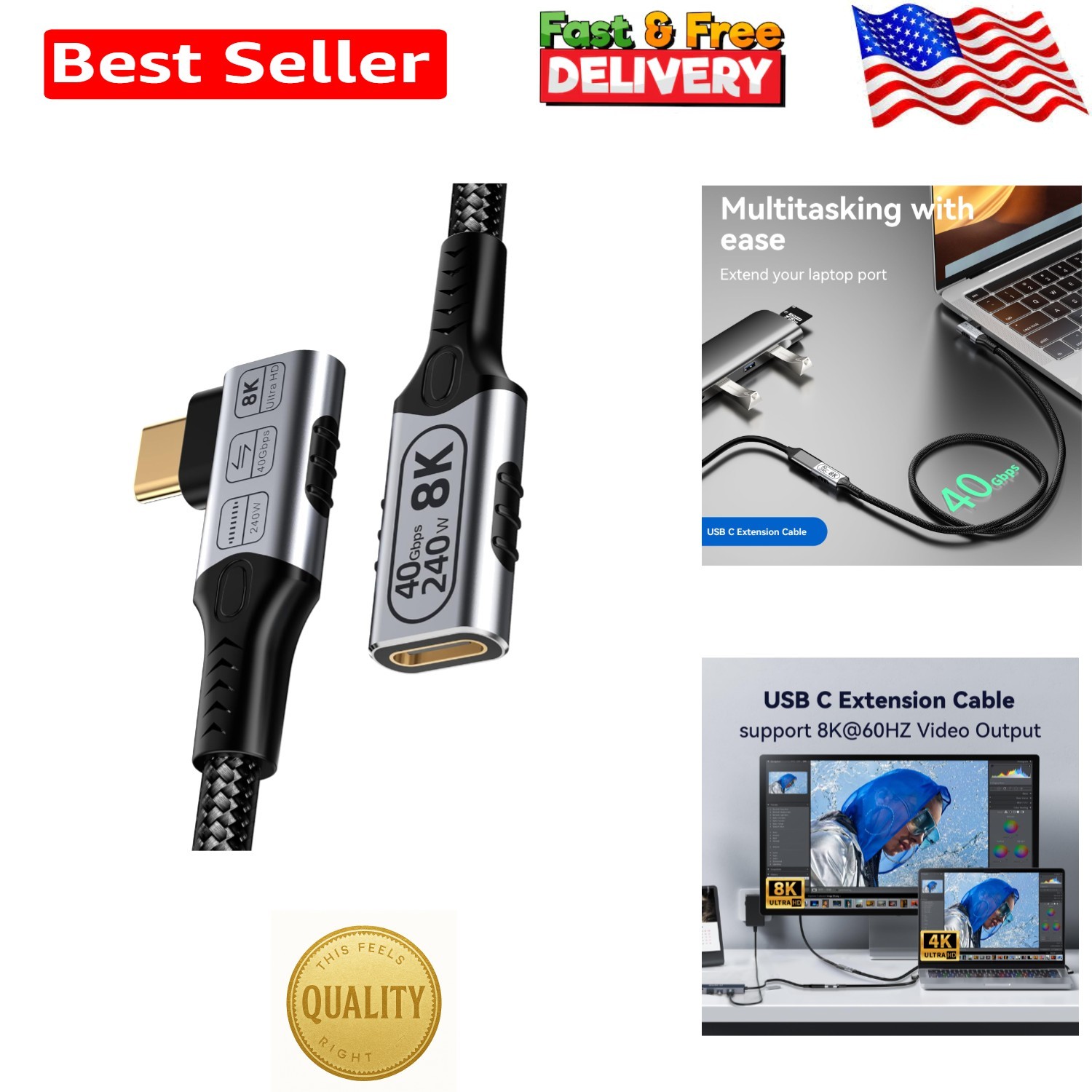 2FT Right Angle USB-C Extension Cable for 40Gbps Data & 240W Charging