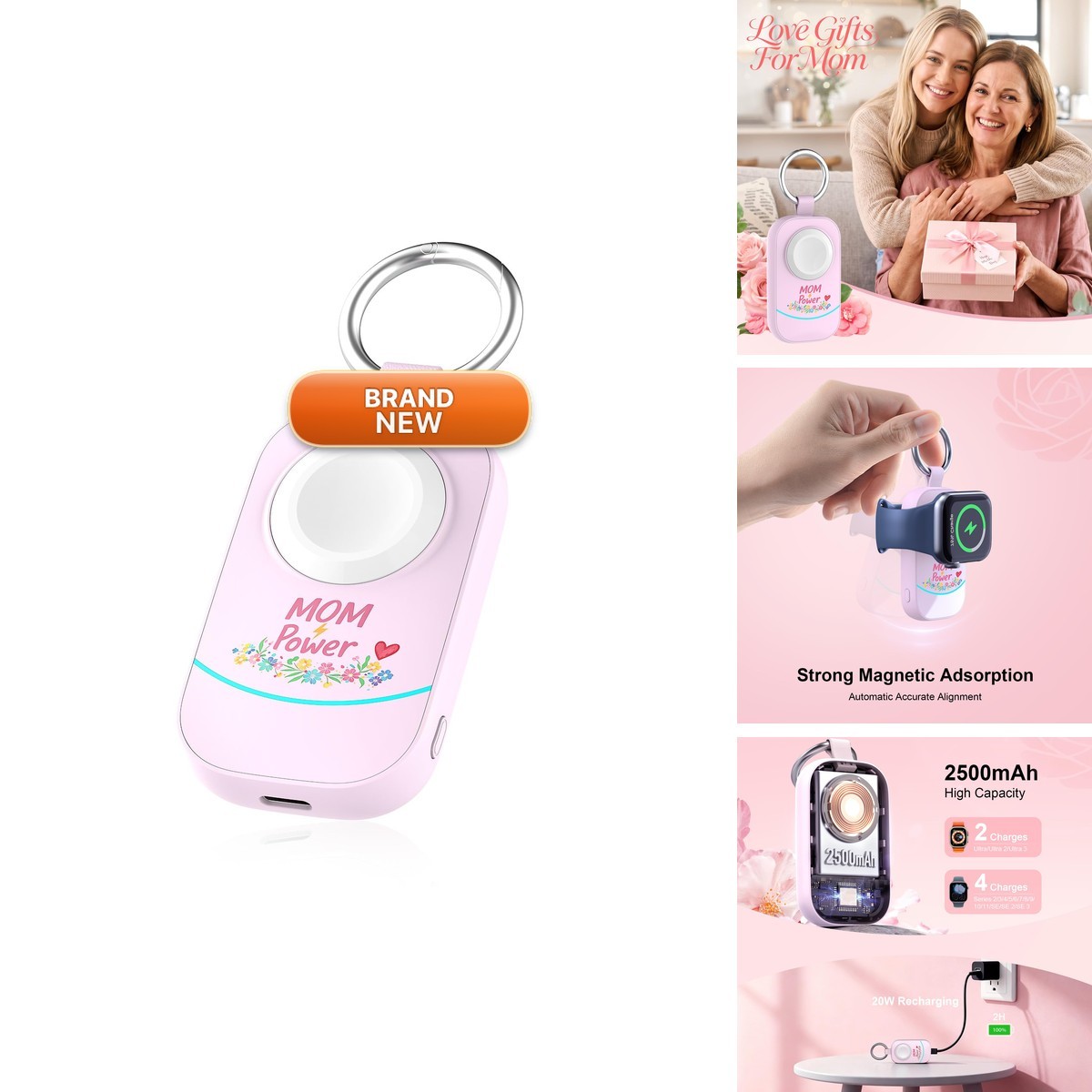 zikker D3 2500mAh Magnetic Charger for Apple Watch Series 11-7/Ultra/SE Pink