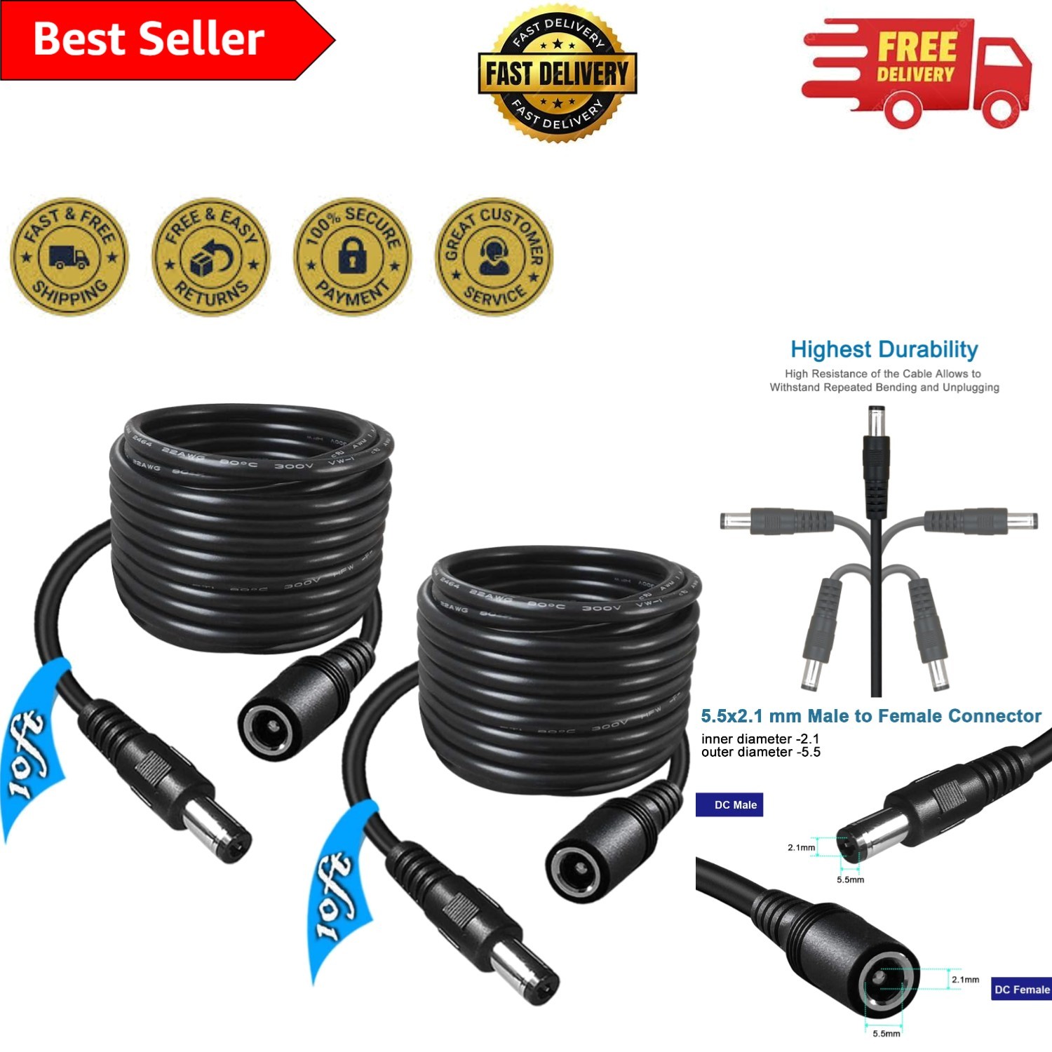 2-Pack 10FT DC Power Extension Cable for CCTV & LED Devices - Safe & Versatile