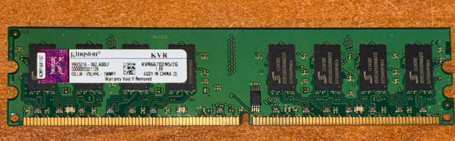 1X2GB Stick Of Kingston DDR2 RAM PC2‑5300 667MHz CL5 240‑Pin DIMM Open Box