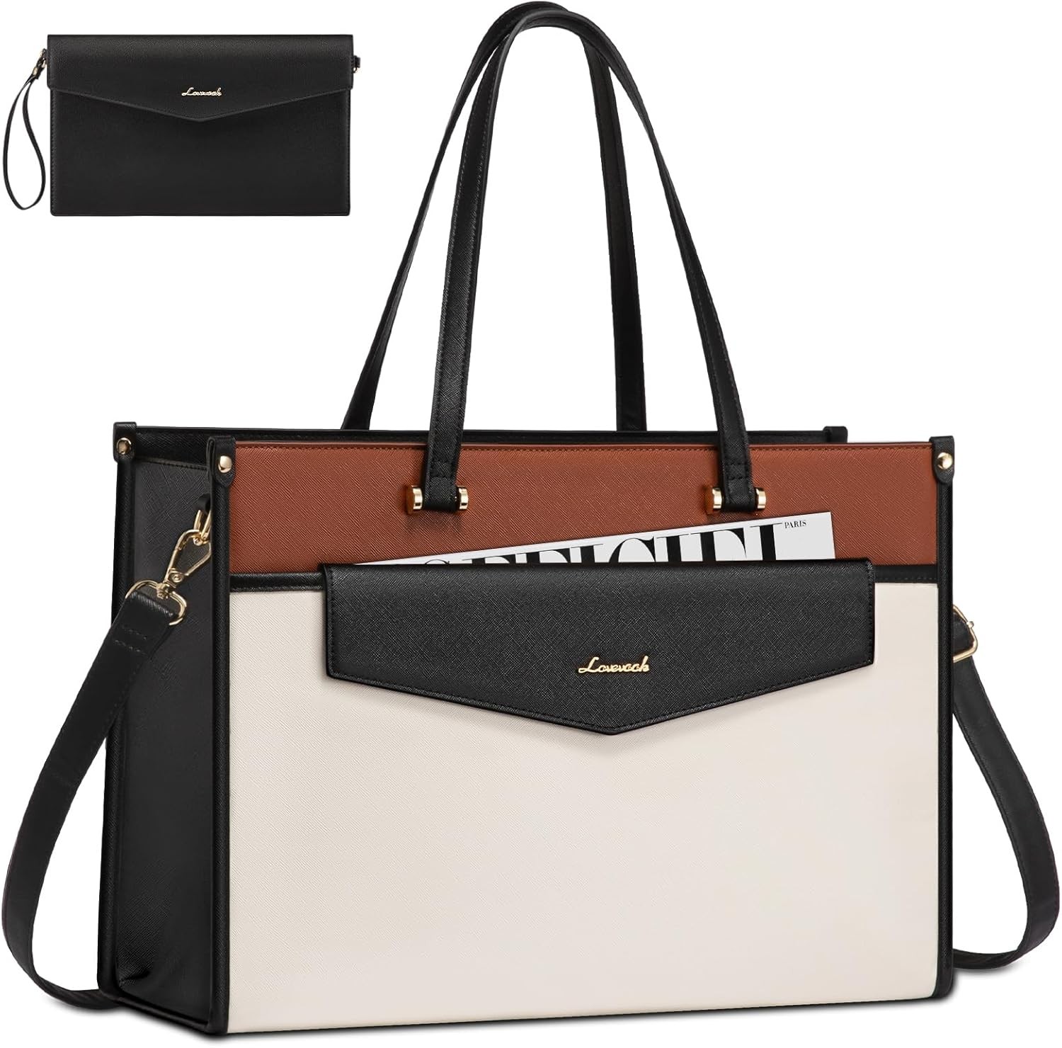 LOVEVOOK Laptop Bag for Women, 15.6'' 15.6 inch, Black White Brown 