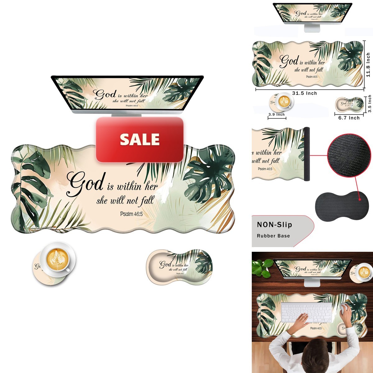 CICPLKSE Mouse Pad Wrist Support Desk Mat Coaster 3 in 1 Set XL Large Matcha