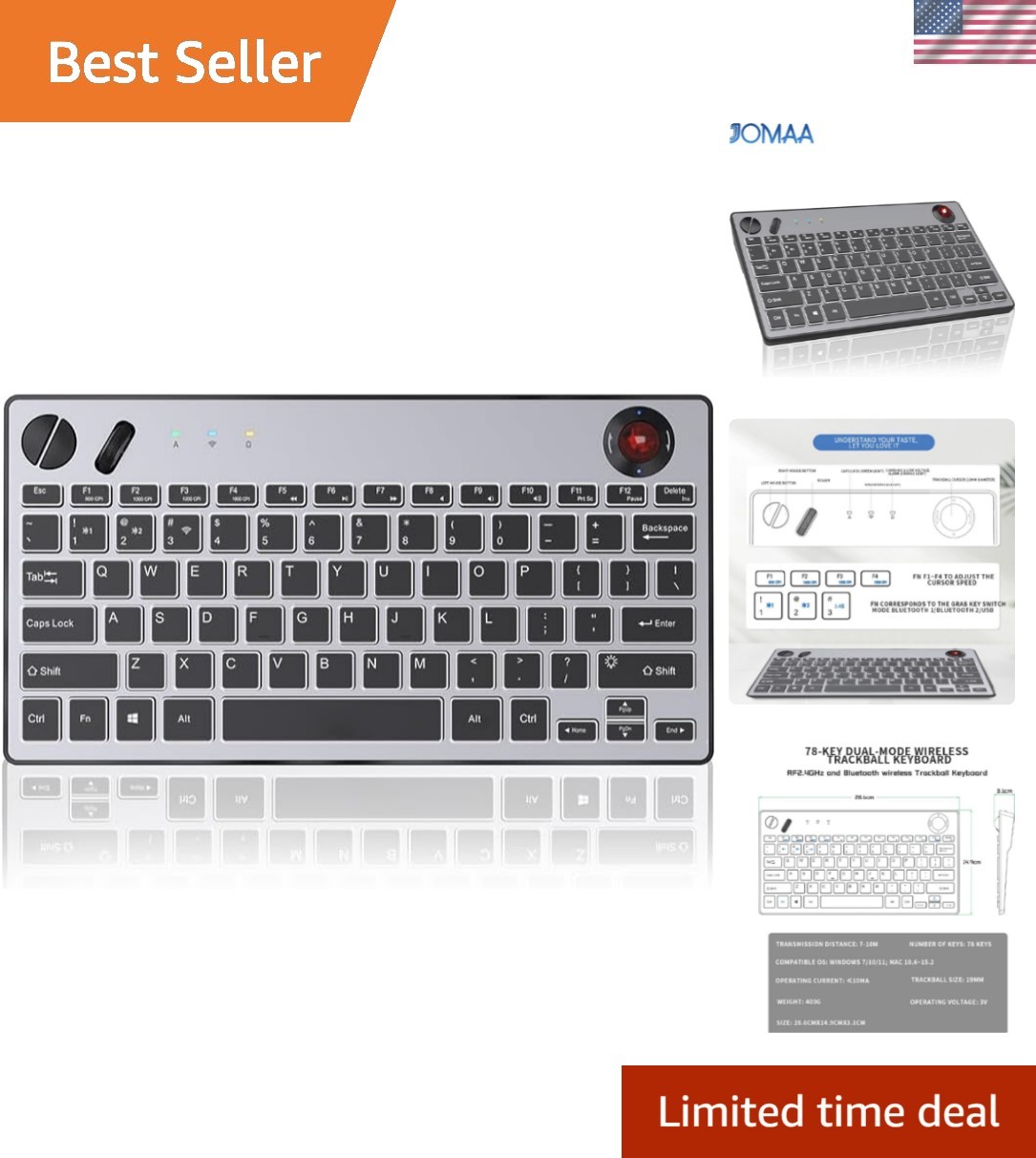 Multifunctional Wireless Keyboard with Trackball - Ergonomic & Silent Operation