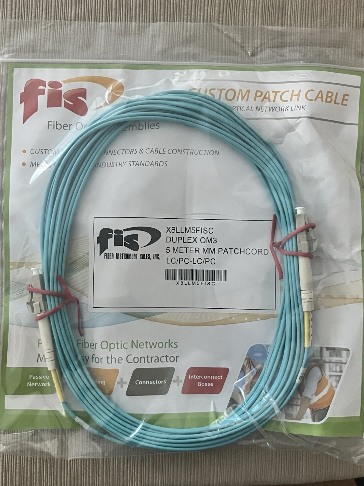 FIS 5 Meter LC/PC‑LC/PC Duplex OM3 Multimode Fiber Patch Cable