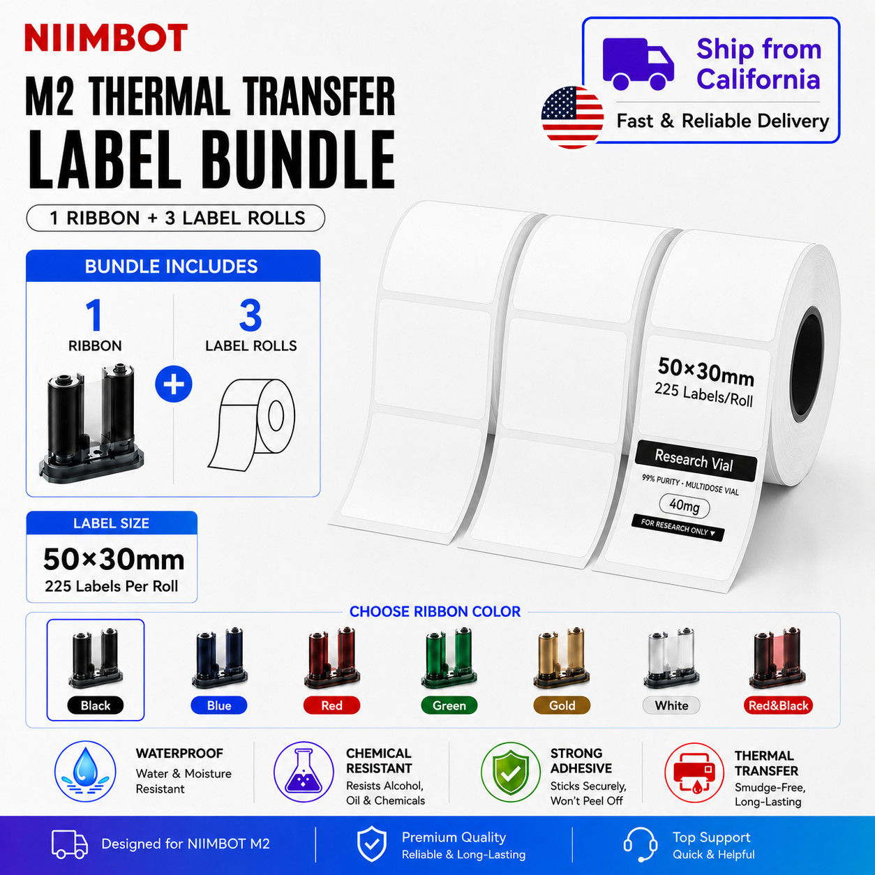 NIIMBOT M2 Thermal Transfer Labels & Ribbon Bundle for Vials, Lab Tubes Sample