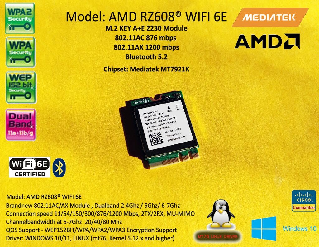 AMD Mediatek RZ608 M.2 NGFF WiFi Module MediaTek MT7921 WiFi 6 1800 Mbps AX1800