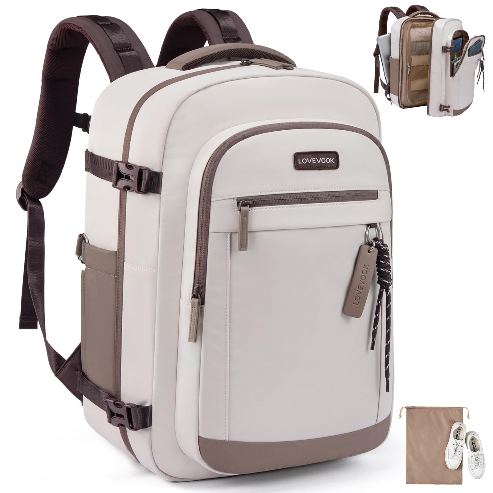 LOVEVOOK 40L Travel Backpack for Women, 40L-2Pcs, A-pinkish-white Coffee