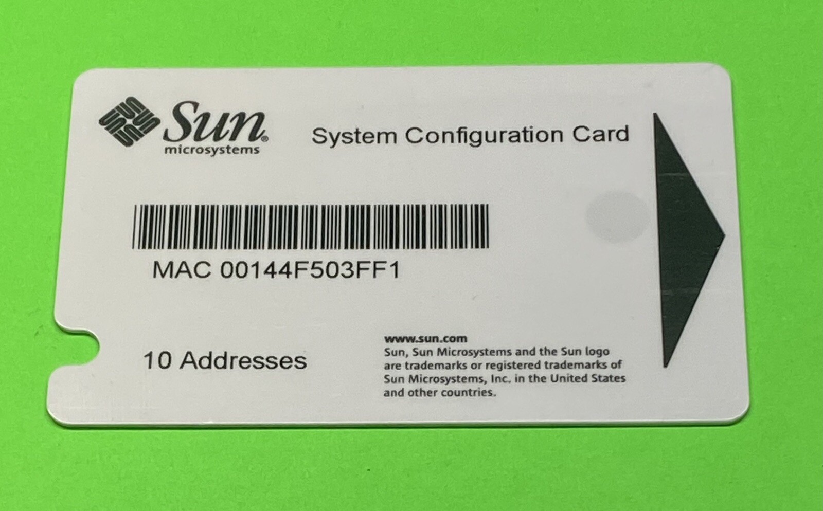 371-0795 Sun System Configuration Card w/10 MAC Addresses