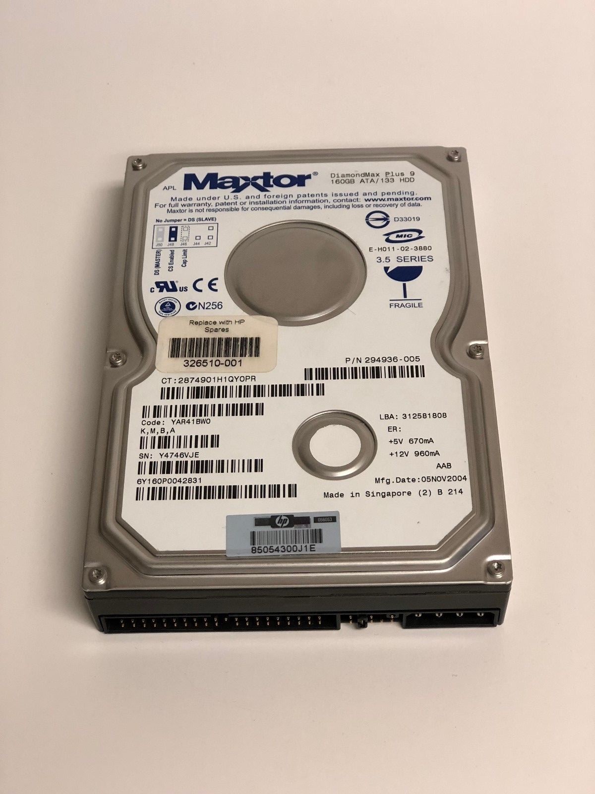 326510-001 HP MAXTOR 294936-001 160GB 3.5" HARD DRIVE