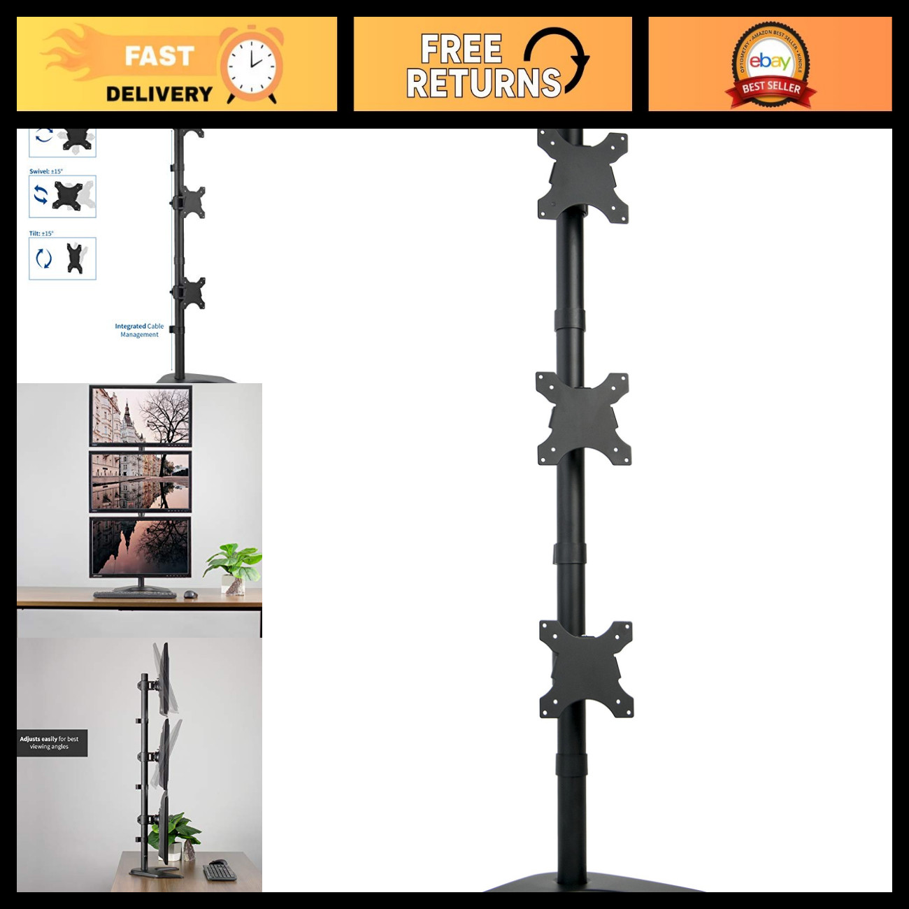 Triple Monitor Desk Stand for 13-27" Screens, Adjustable Height, Ergonomic Mount