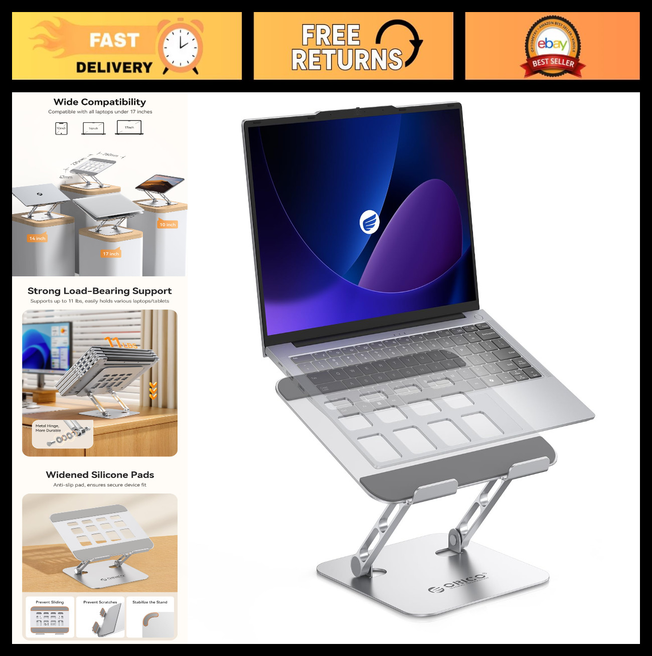 Height Adjustable Laptop Stand, Ergonomic Aluminum Riser for 17" Devices, Foldab