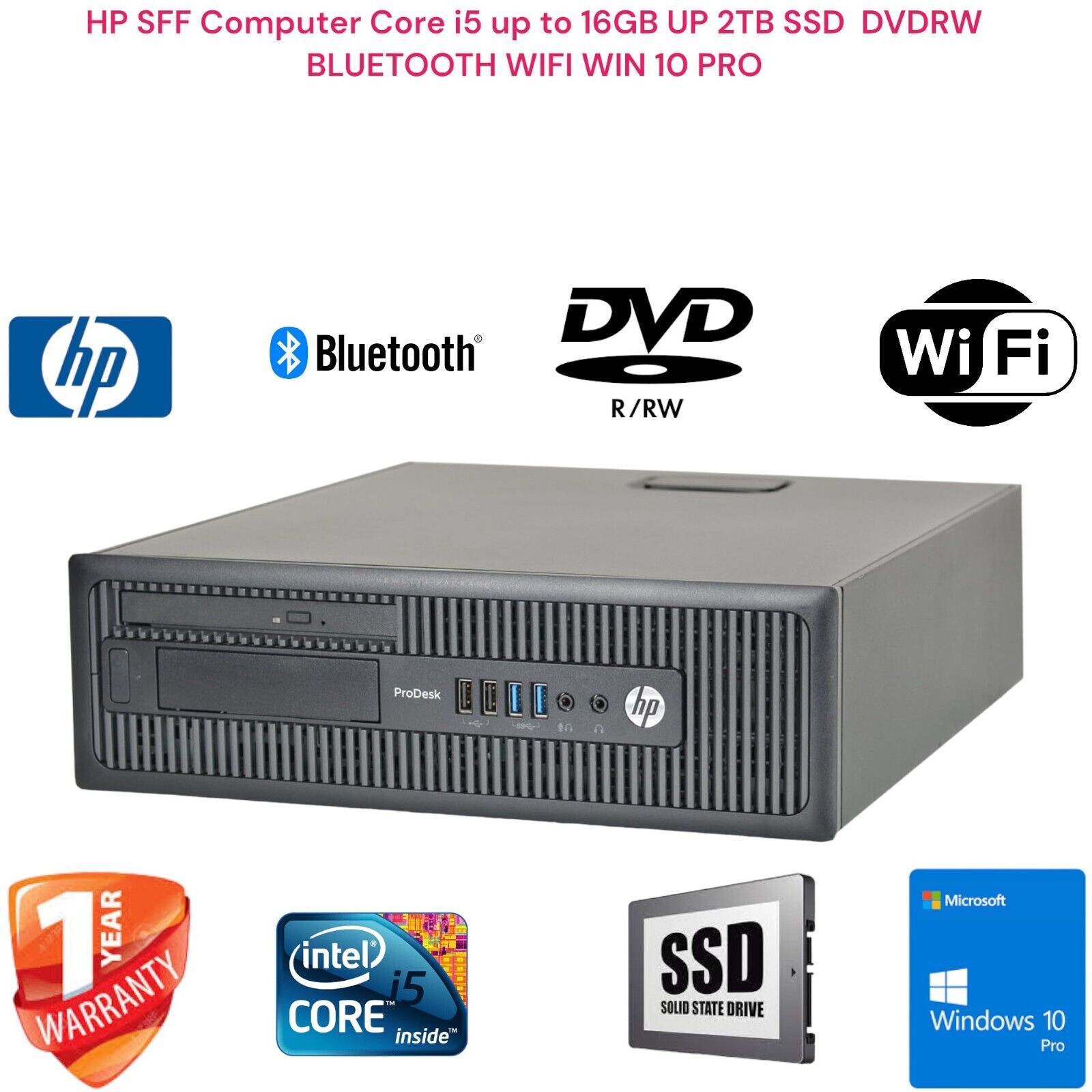HP SFF Computer PC DESKTOP  i5 UP TO 16GB 2TB SSD DVDRW WIN 10 PR WIFI BLUETOOTH