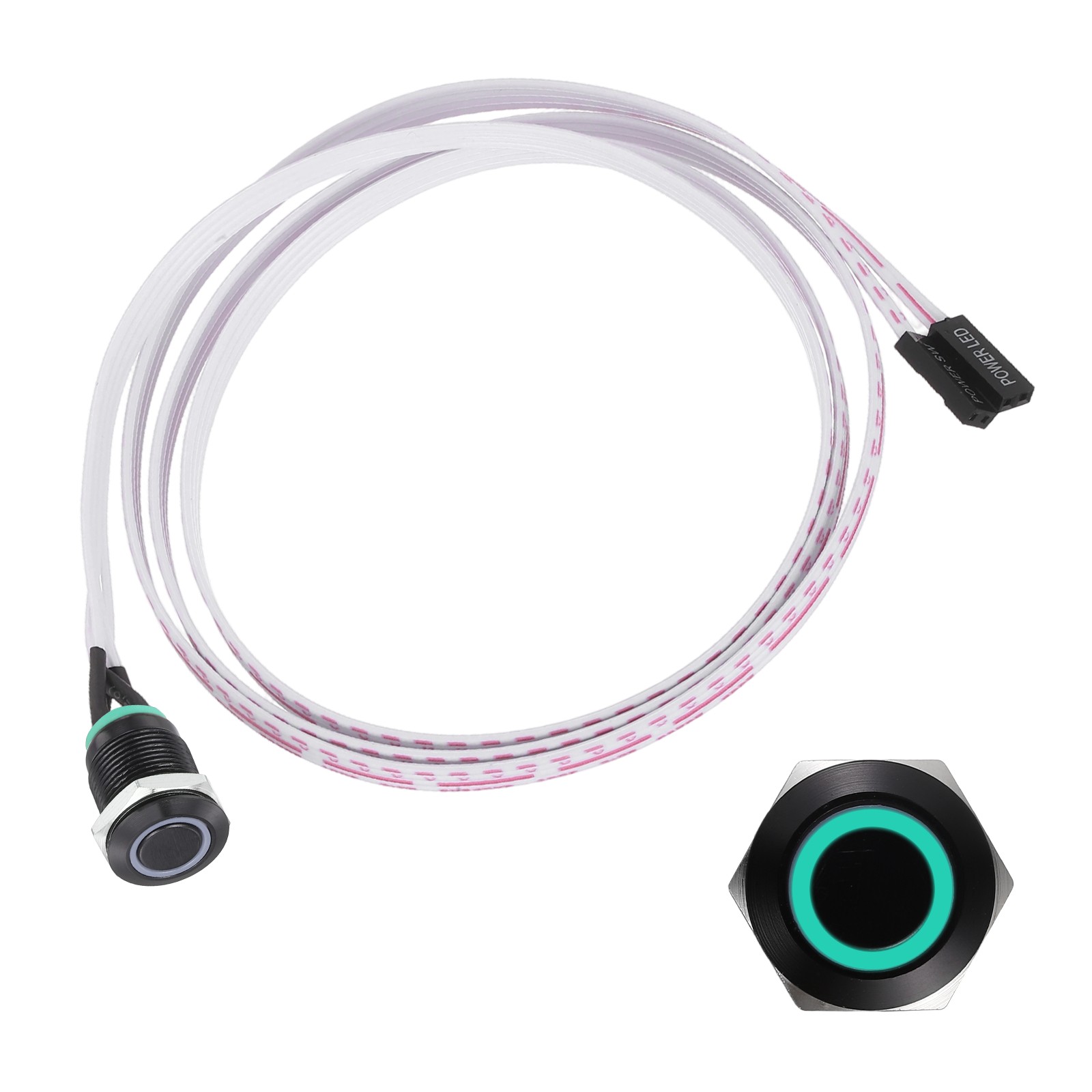 Chassis Metal Button 12mm Ring Green LED Power Button 100cm Wire, Black