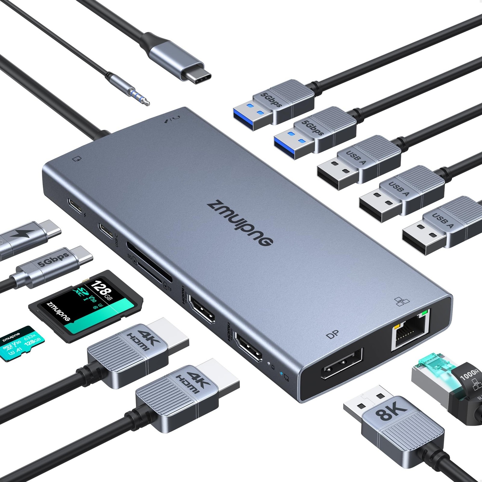 ZMUIPNG USB C Laptop Docking Station with 2 HDMI 4K@60Hz+DP 8K@30Hz 15 in 1 U...