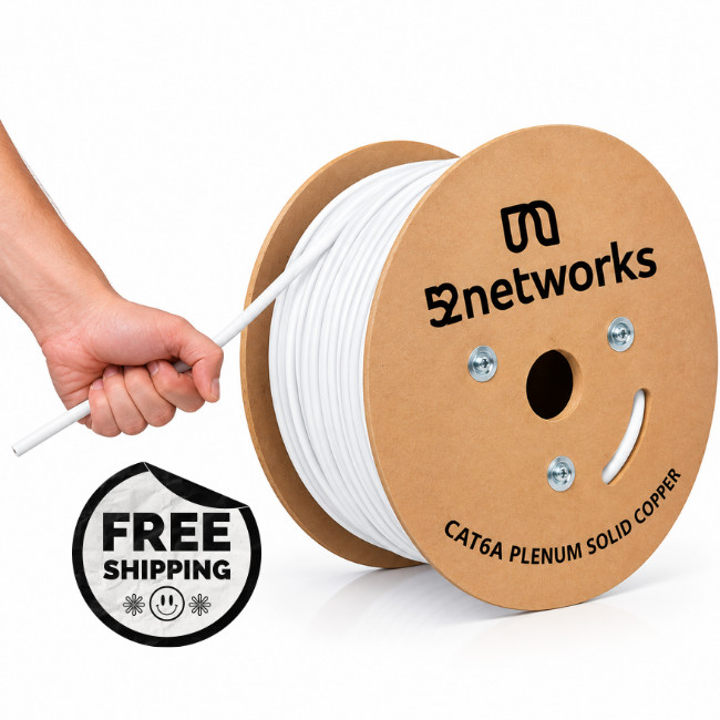 52networks Cat6A Plenum 1000ft 23AWG 750MHz 10Gbps Solid Bare Copper UTP White