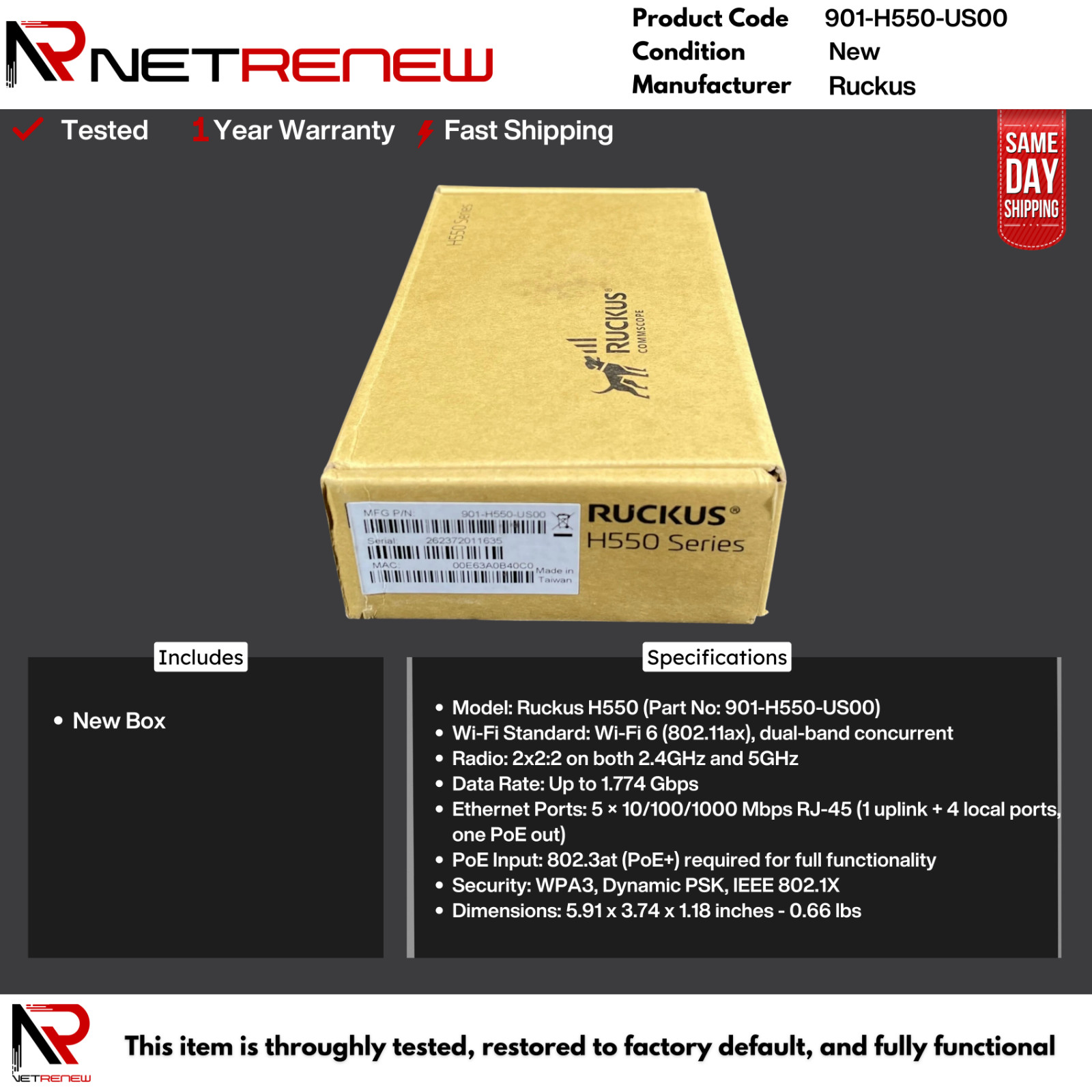 NEW Ruckus H550 Series 901-H550-US00 Indoor Wi-Fi 6 Access Point