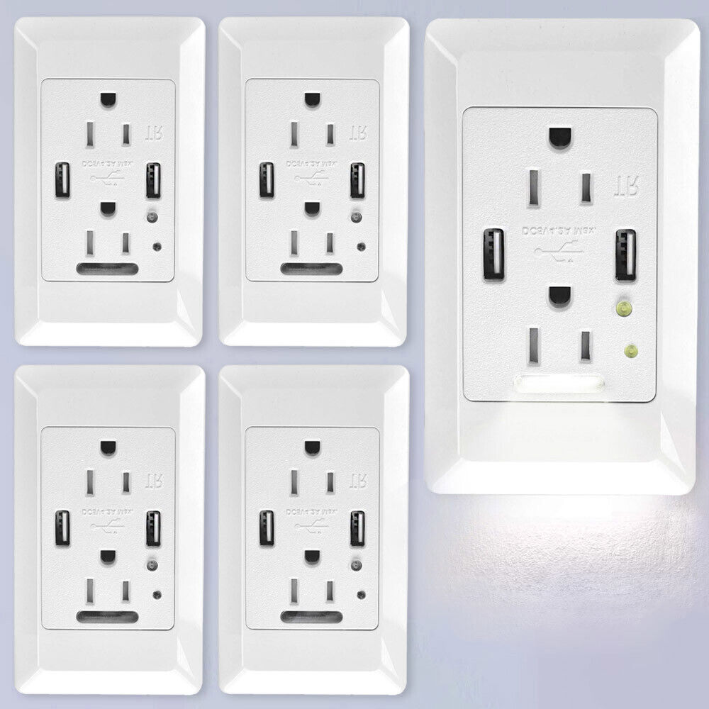 4.2A USB Charger Wall Outlet Receptacle Night Lights Automatic On/Off Sensor 5PK