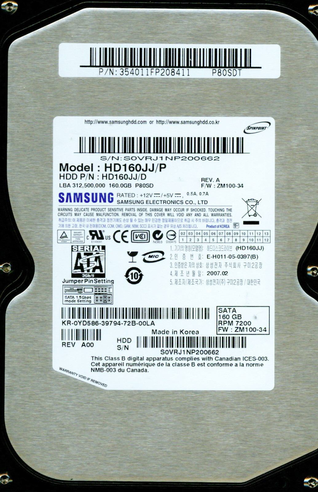 HD160JJ/P  HD160JJ/D   P/N: 354011FP208411 P80SDT,  SAMSUNG SATA 160GB