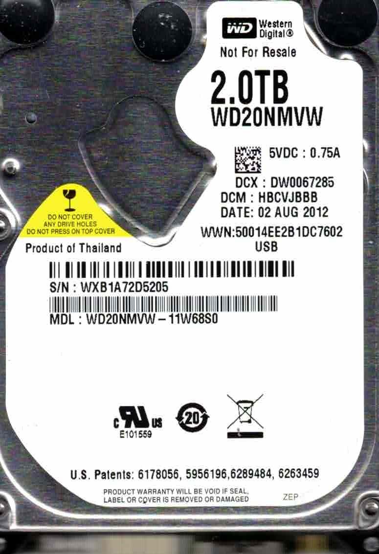 WD20NMVW-11W68S0,  HBCVJBBB,  WESTERN DIGITAL 2TB, USB 3.0 WXB1  AUG 2012