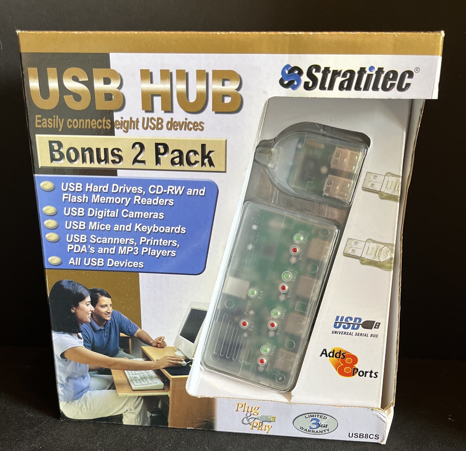 Stratitec 4 Port USB Hub Bonus 2 Pk  NIB Connect 8 USB Devices Flash Hard Drive