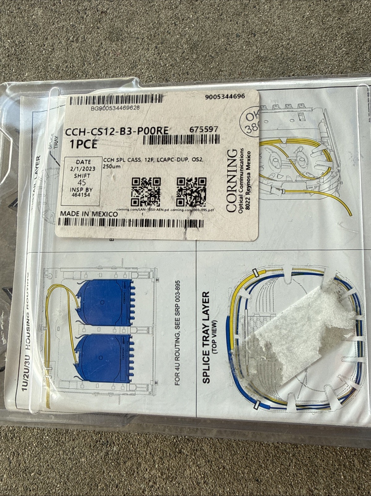 Corning CCH-CS12-B3-P00RE 12-Fiber LC APC Duplex Pigtailed Splice Cassette