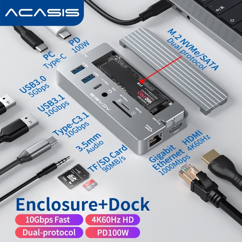 ACASIS USB C Hub Docking with NVMe/NGFF SSD Enclosure 10 in 1 HDMI for Laptop PC