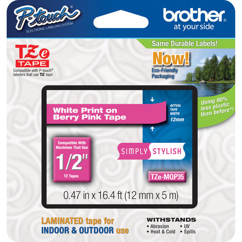 Brother TZeMQP35 12mm 1/2" white on berry pink TZ tape PT P750W E500 H500 H500LI