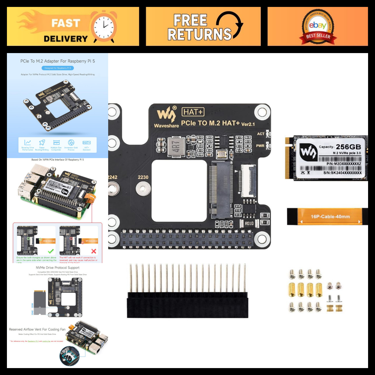 PCIe to M.2 Adapter for Raspberry Pi 5, NVMe SSD Support, High-Speed 256GB Drive