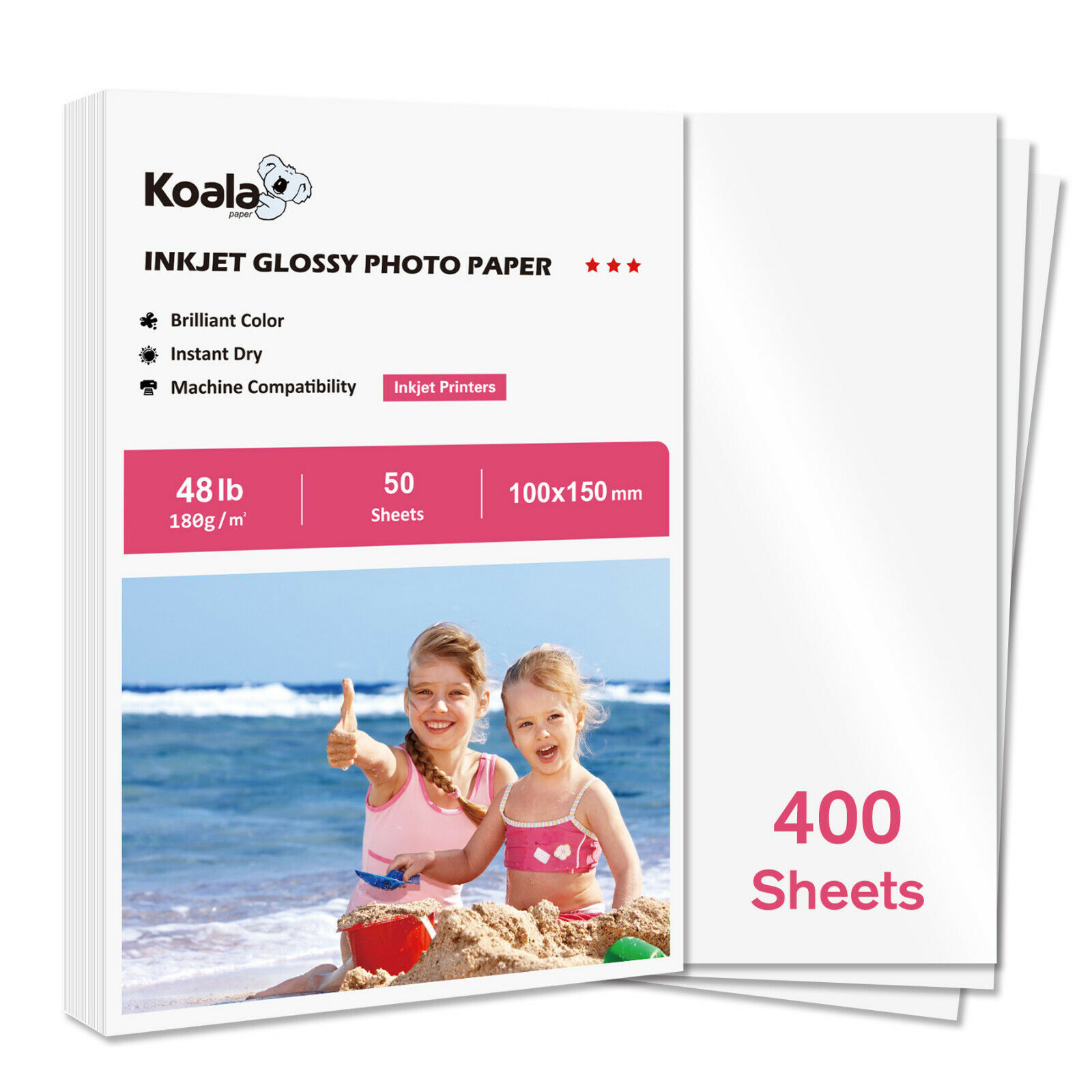 400 Koala Premium Photo Paper 4X6 Glossy 48lb for Inkjet HP Canon Printers 10x15