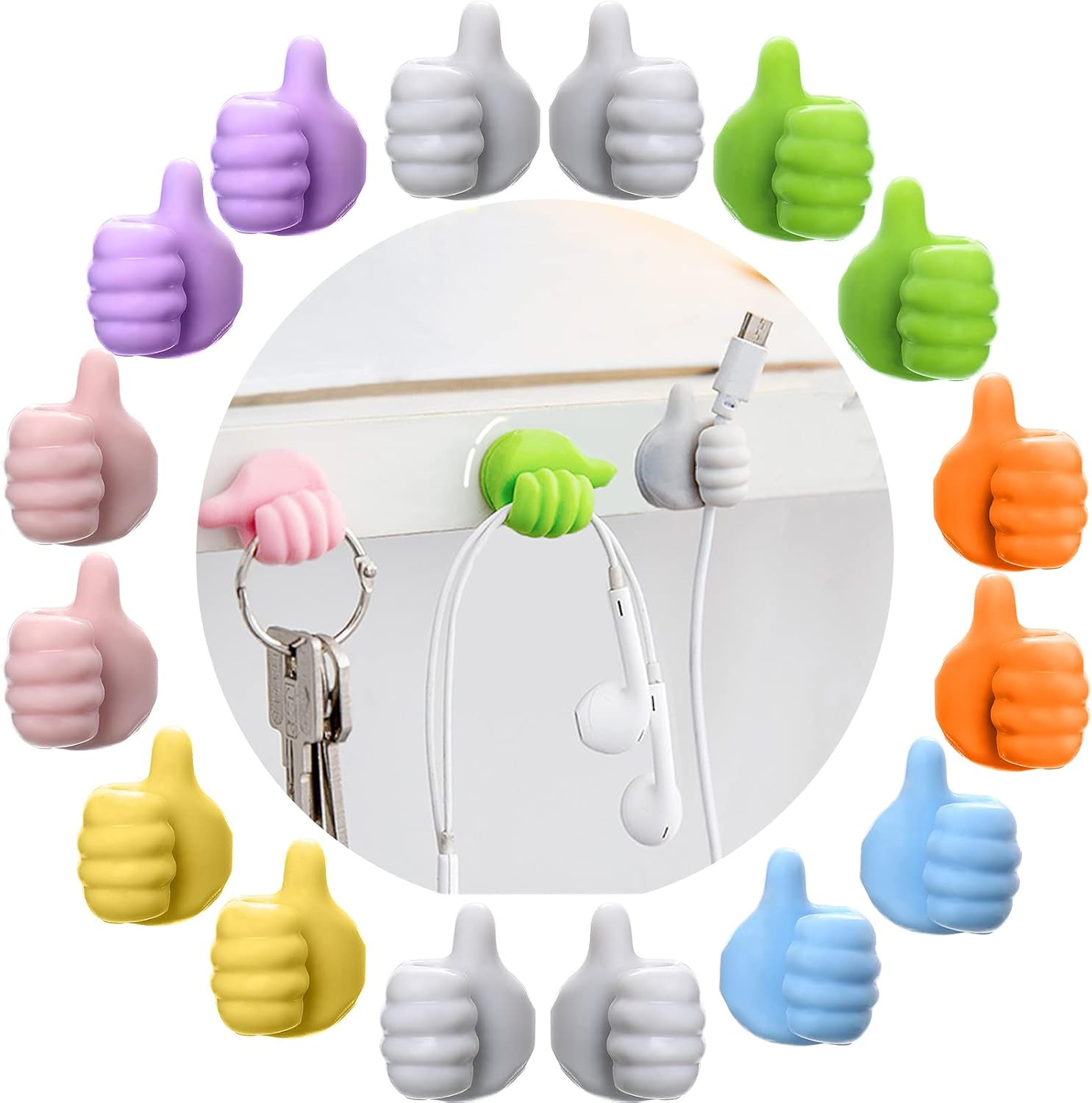16Pcs Creative Silicone Thumb Wall Hook - Multifunction Adhesive Cable Clip ，Sel