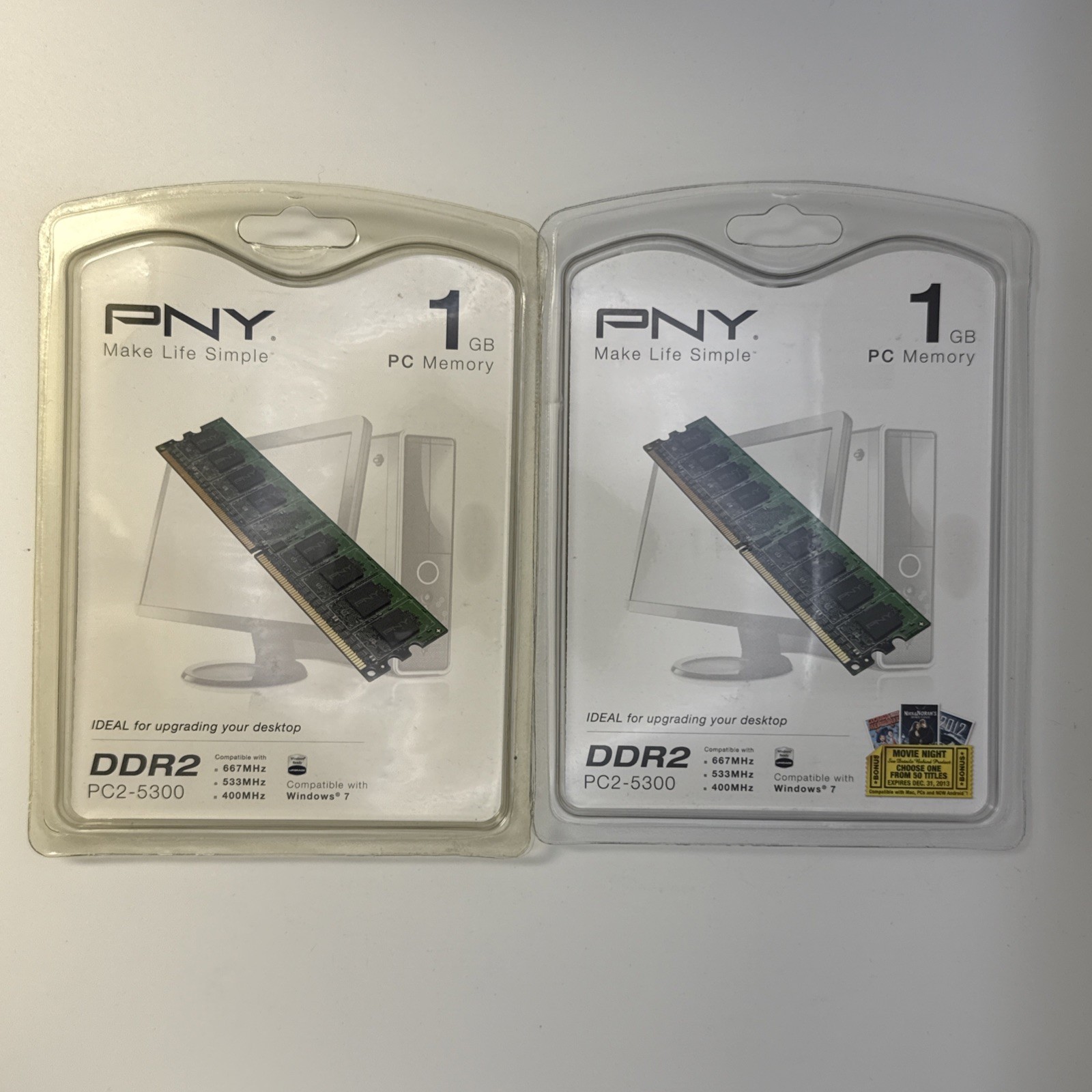 Lot of 2 PNY DDR2 PC2-5300 1 GB memory cards - sealed