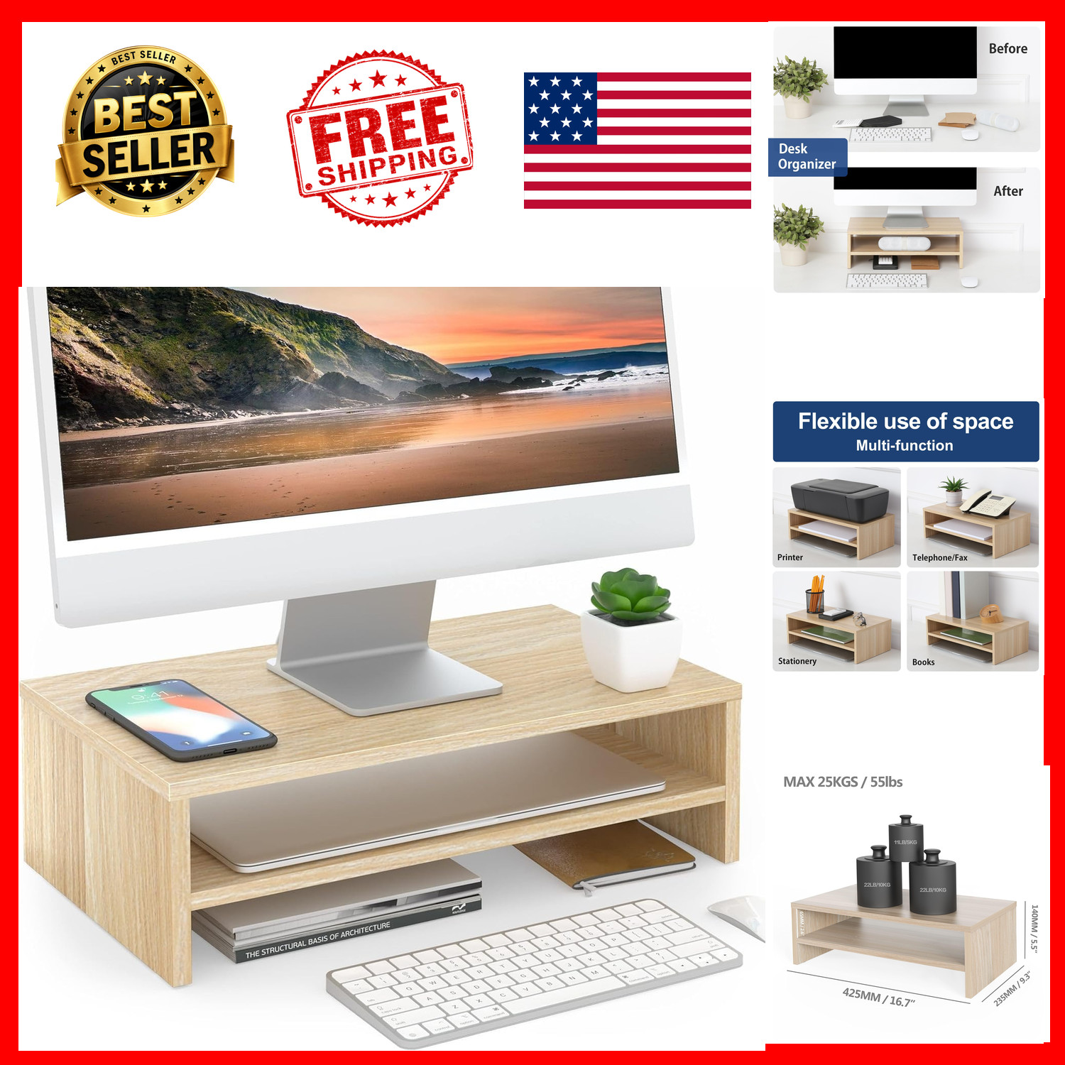 Monitor Stand Riser Wooden 2-Tier Desk Organizer Oak 16.7 Inch Rubber Feet Shelf