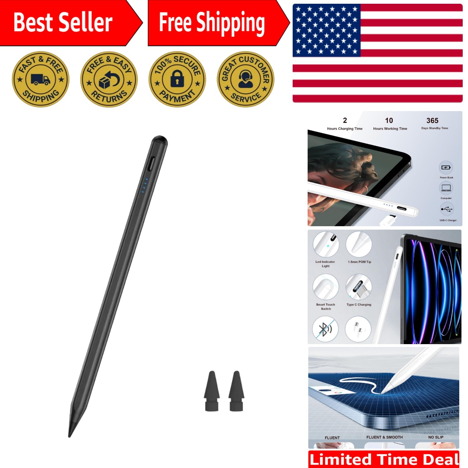 Versatile Black Stylus Pen with Replacement Nib & Battery Indicator Lights
