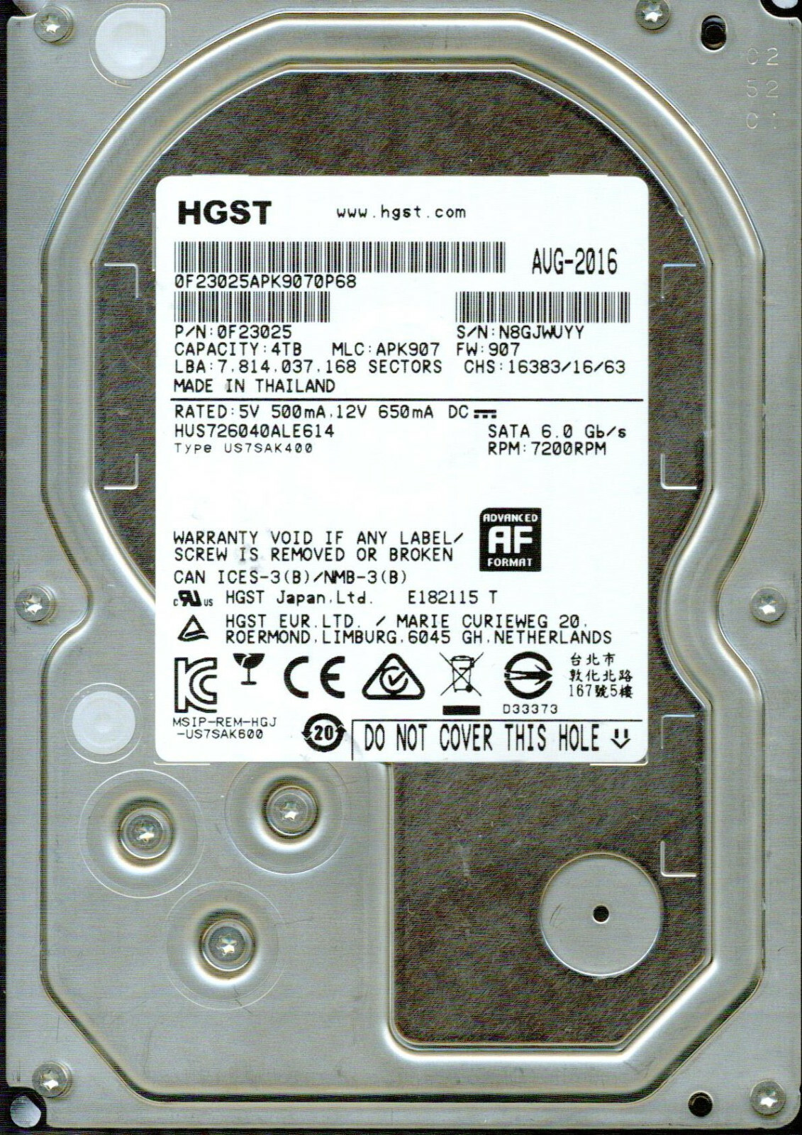 HUS726040ALE614   P/N: 0F23025 MLC: APK907  HITACHI SATA  4TB  AUG 2016