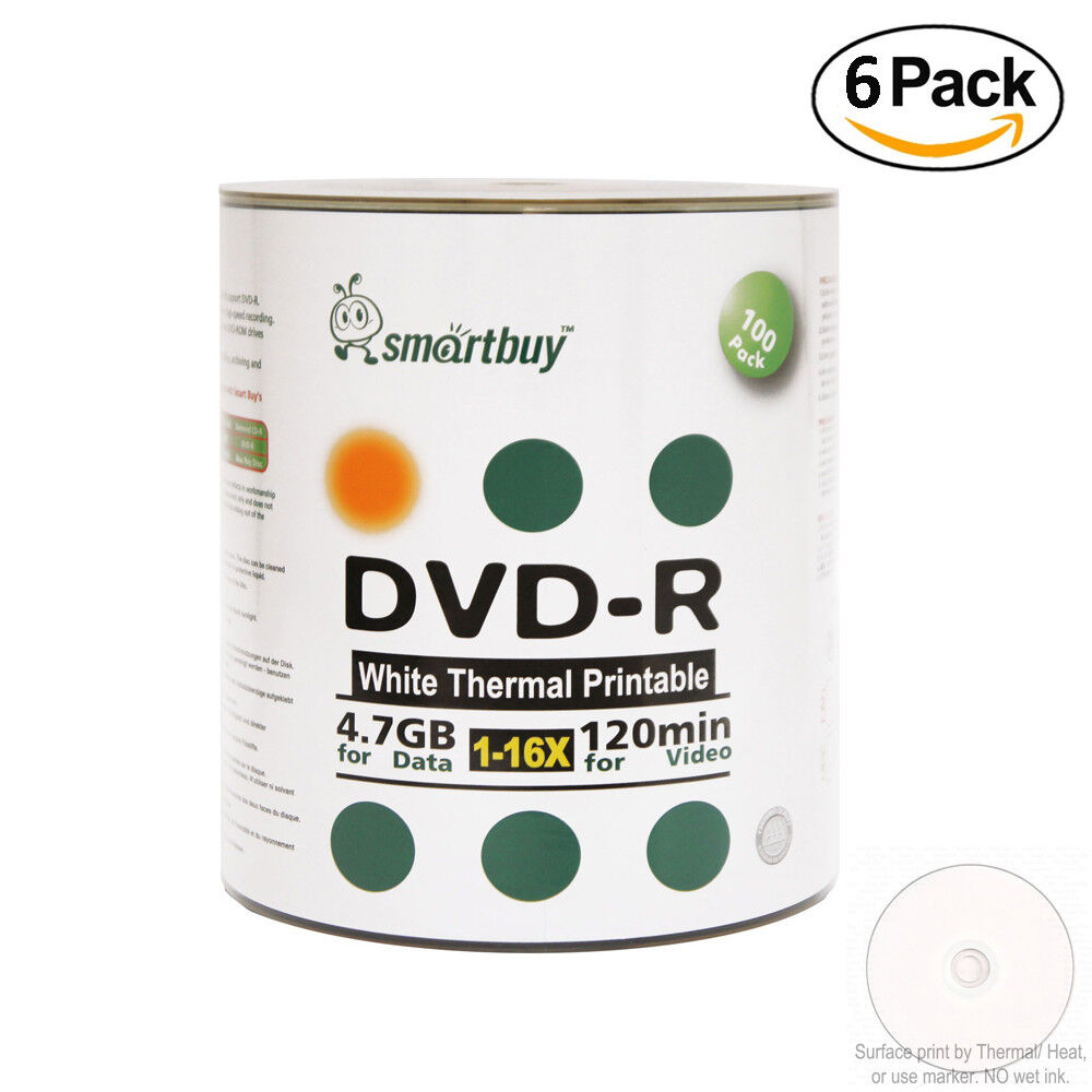 600 Pack Smartbuy 16X DVD-R 4.7GB White Thermal Printable Data Storage Discs