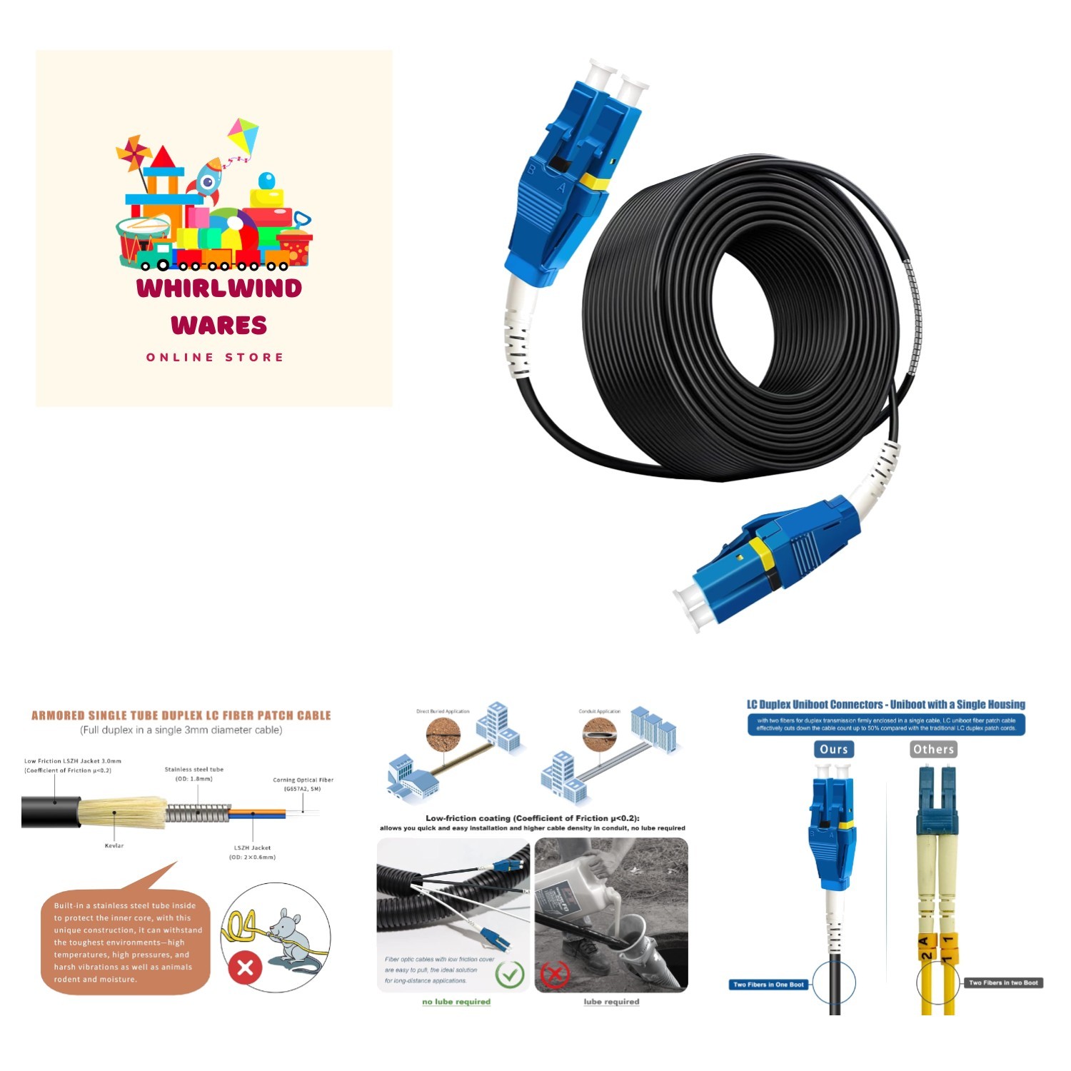 50 Meters Uniboot LC to LC Outdoor Armored Fiber Patch Cable, Low Friction Si...
