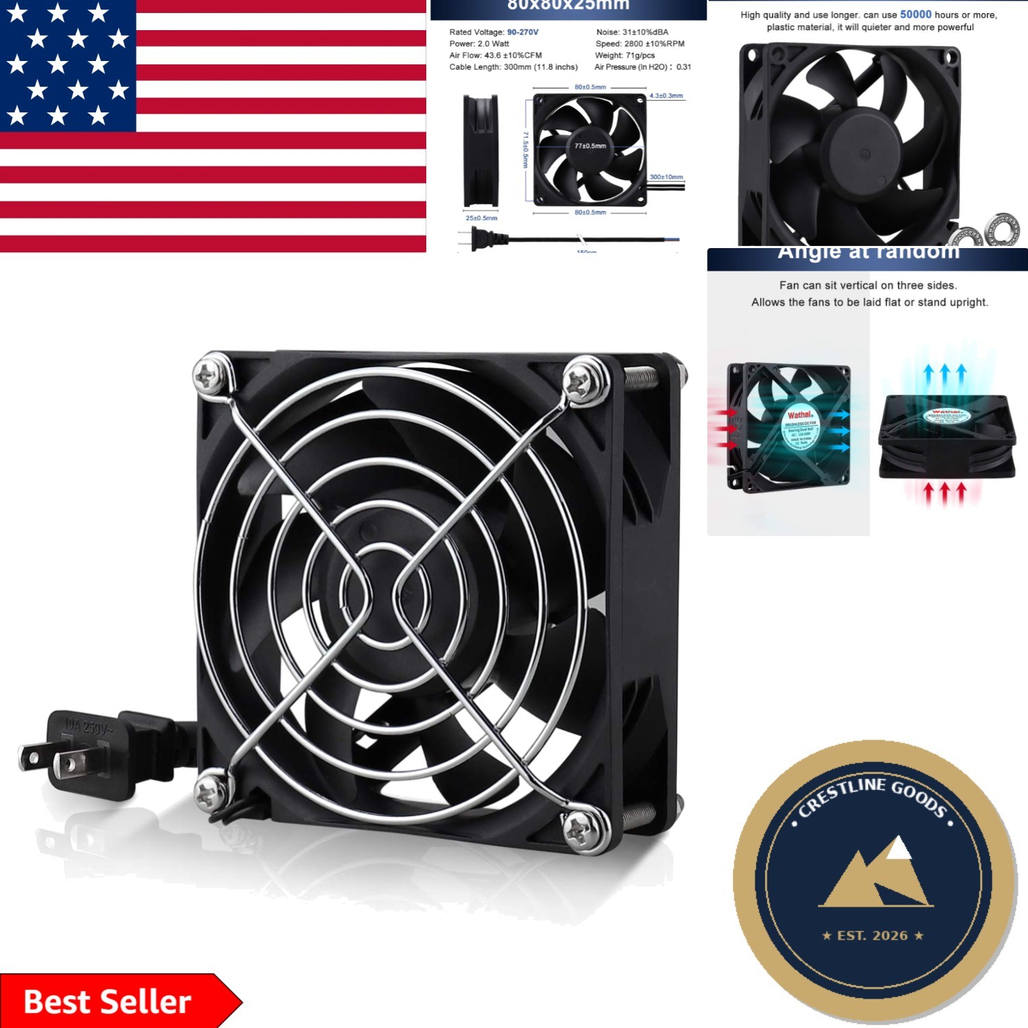 Whisper-Quiet 80mm EC Axial Fan with Dual Ball Bearings - 43.6 CFM Airflow