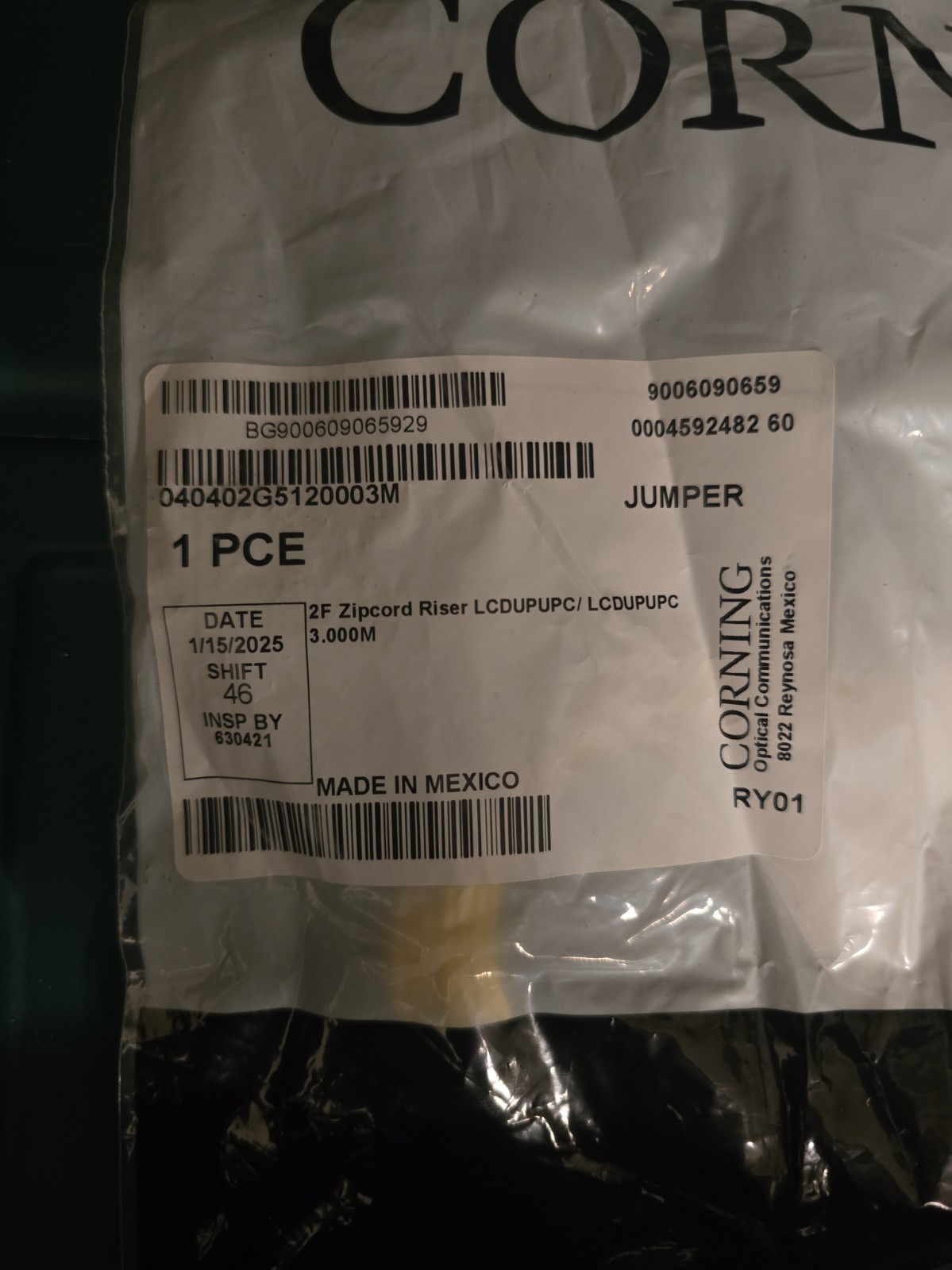 040402G5120003M (Corning) 3M Fiber Optic Jumper LC/LC Duplex Zipcord Cable (OS2)