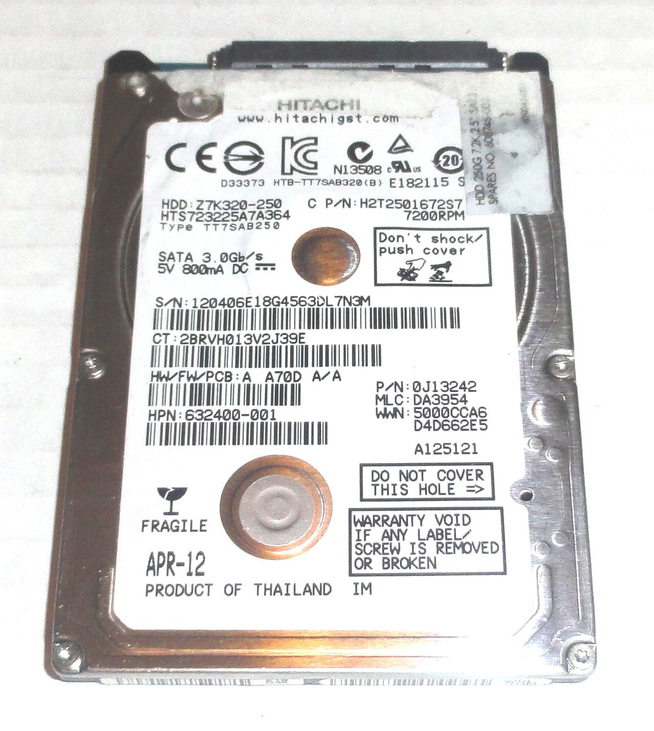 Hitachi HTS723225A7A364 250GB Sata Hard Drive P/N: 0J13242 MLC: DA3954