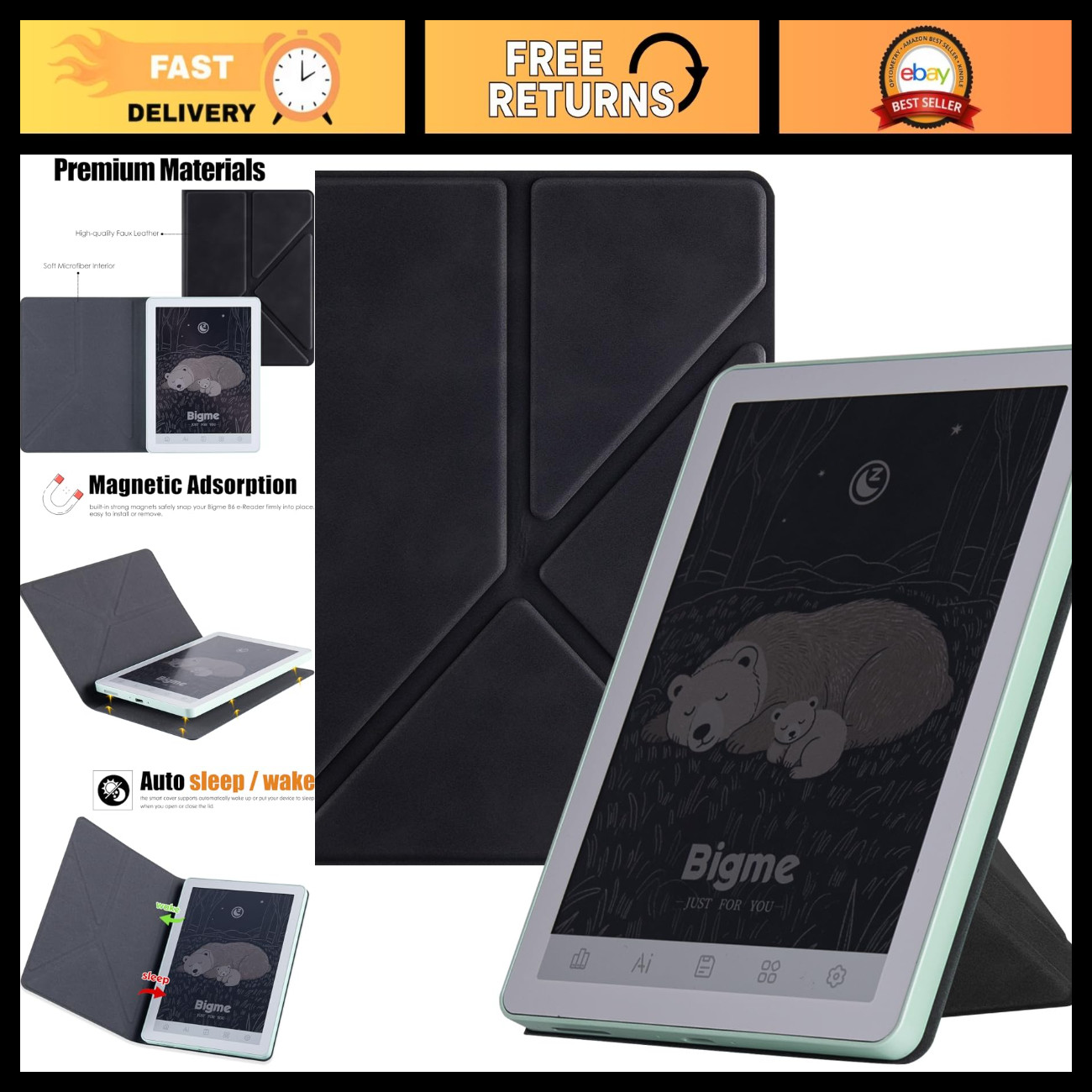 eReader Case for Bigme B6 Color & B/W, Stylish Rock Black Cover, Durable Protect