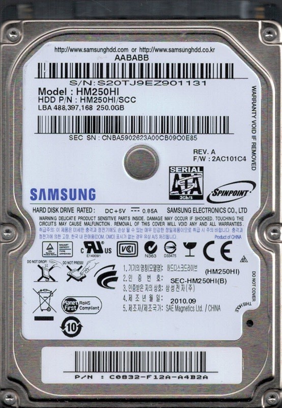 HM250HI/SCC P/N: C0832-F12A-A4B2A F/W: 2AC101C4 Samsung 250GB