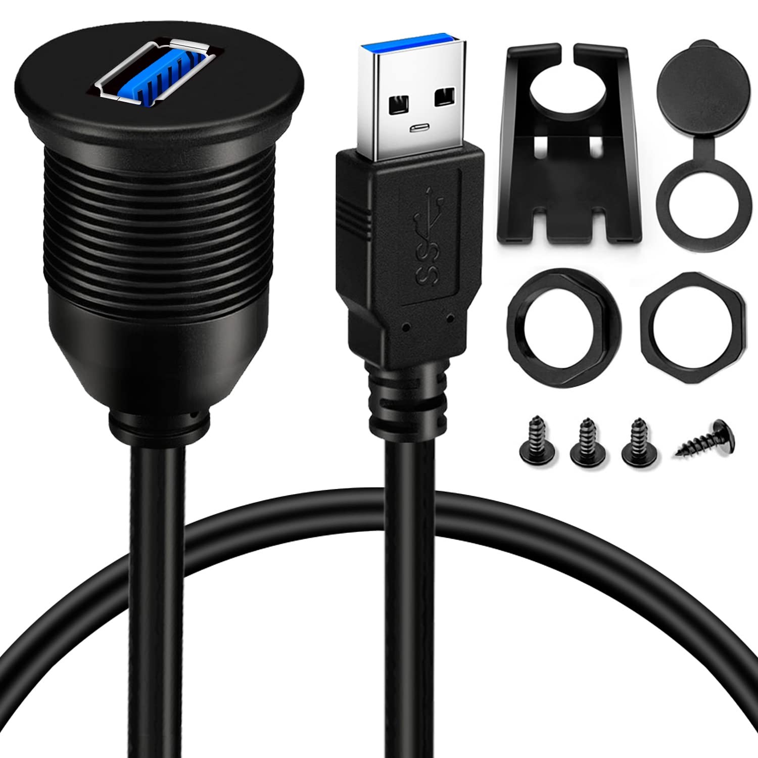 BATIGE Single Port USB 3.0 Male to Female AUX Car Mount Flush 3ft, Black 