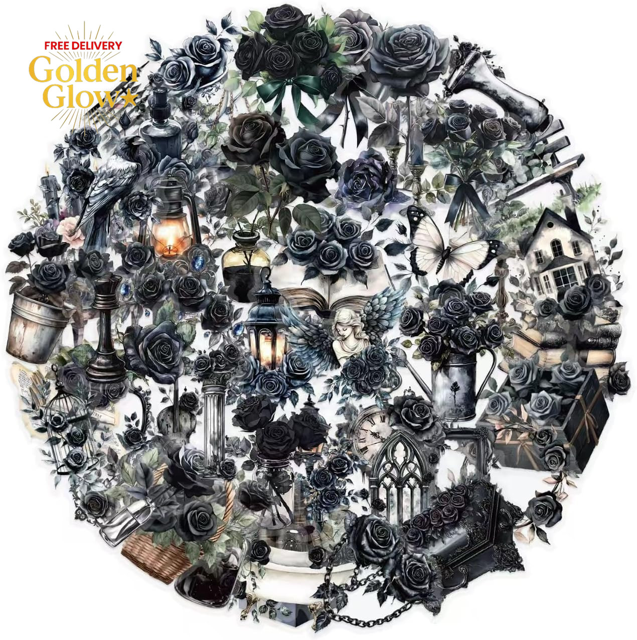 50 Pcs Dark Aesthetic Gothic Transparent Stickers,Black Rose Flower Stickers Pac