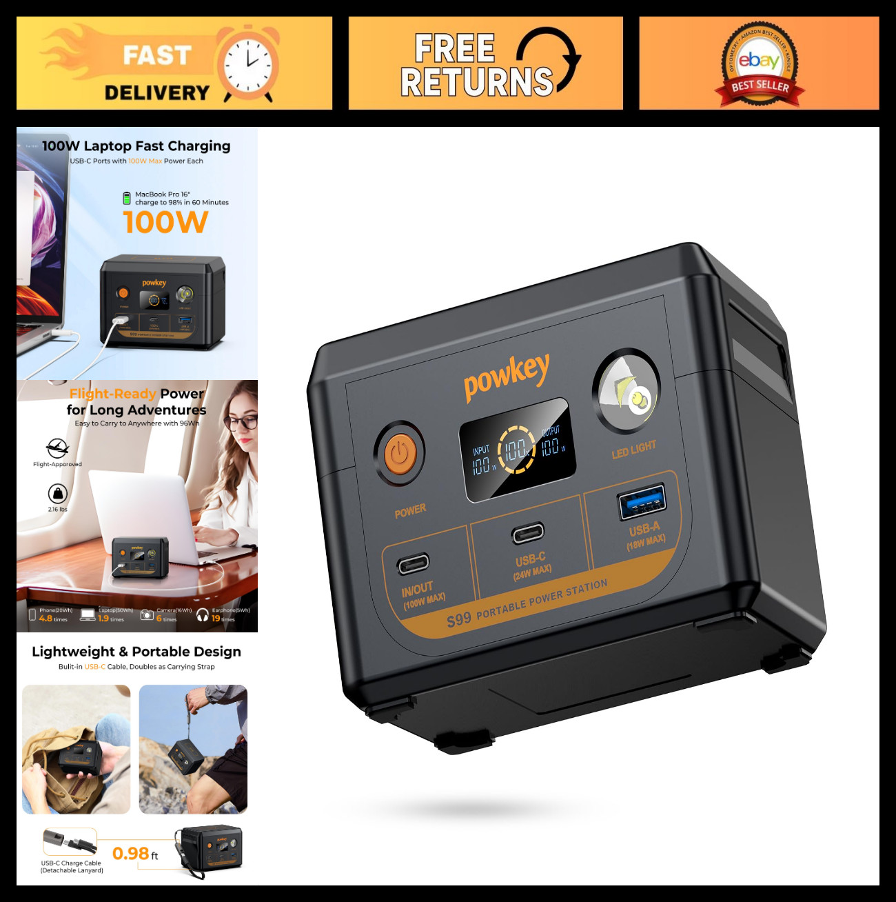 100W Portable Power Station for Laptops, USB-C Rechargeable Battery Pack