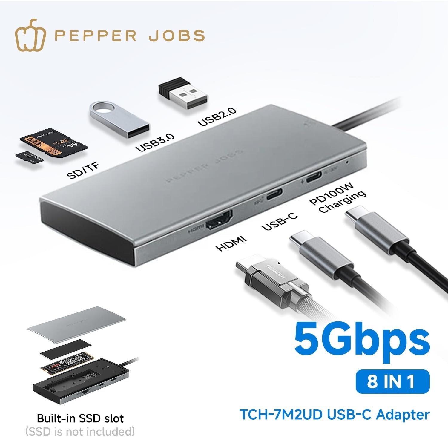 USB C Hub M.2 NVMe/SATA SSD Enclosure, 7 in 1 USB C Docking Station with PD100W