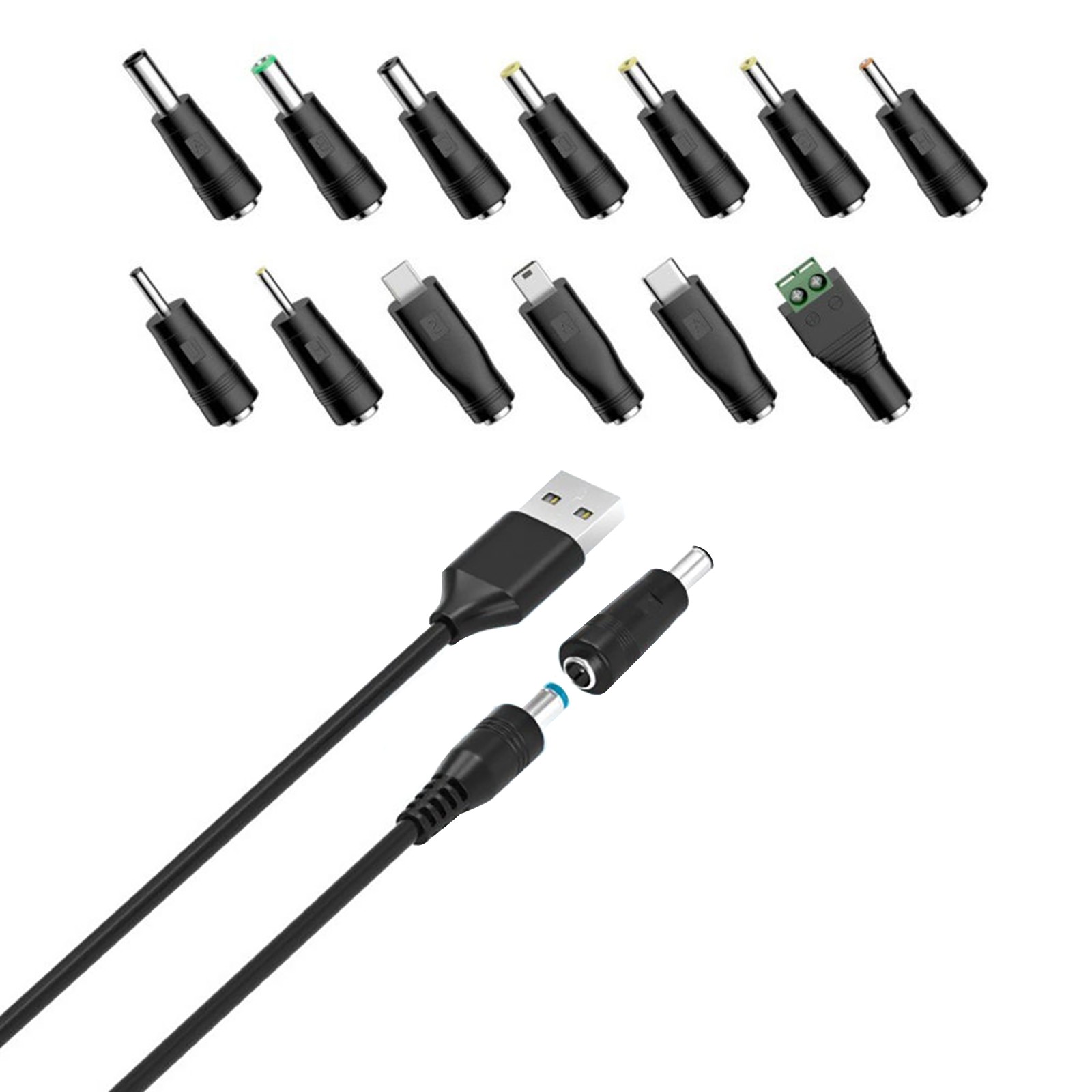 5 feet USB to DC 5V Power Cord, Universal DC 5.5x2.1mm Cable with 13 Connectors