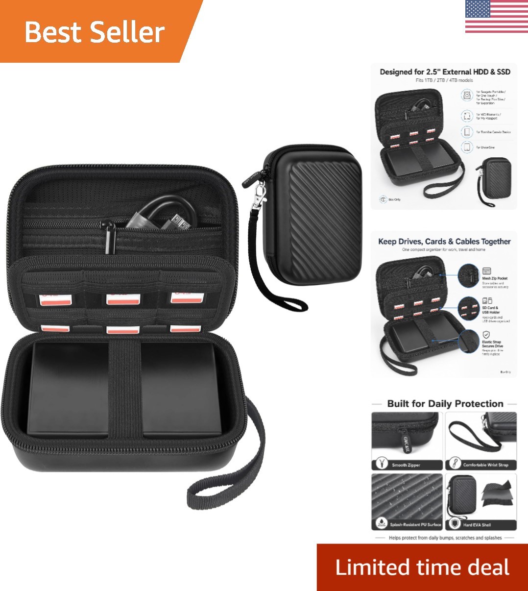 Travel-Friendly External Hard Drive Case with Soft Cushioning & Separate Storage